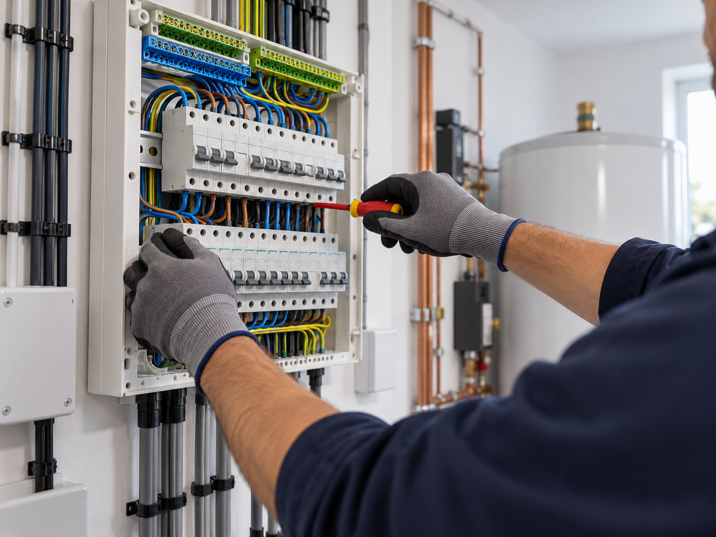 Elektriker arbeitet an einer Hausverteilung