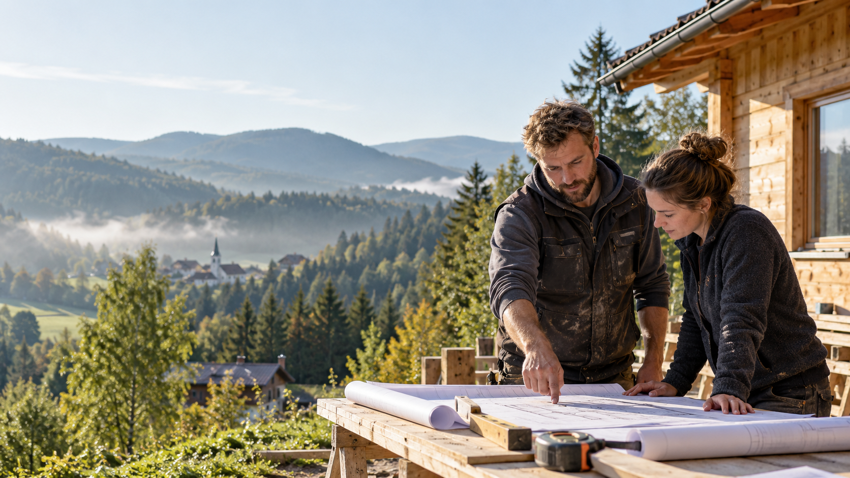 Handwerker planen ein Bauprojekt vor der Landschaft des Bayerischen Waldes