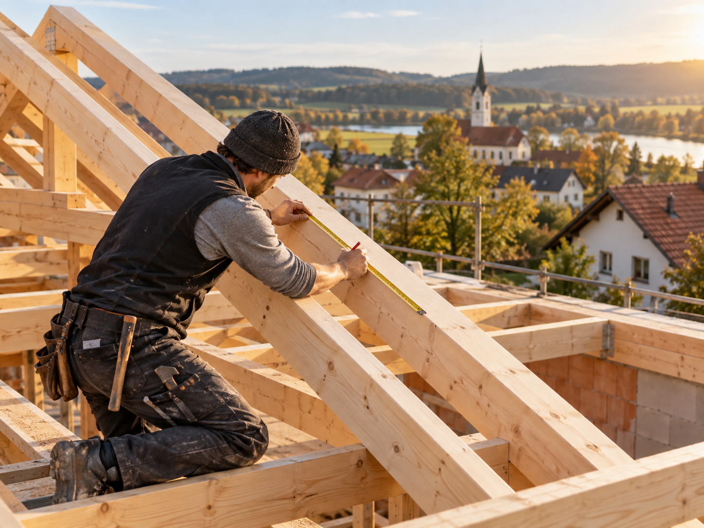 Zimmerer beim Vermessen eines Dachstuhls